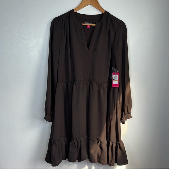 Vicente Camuto Sizes, S, M Chocolate Torte Ruched Flounce Dress - Picture 3 of 13